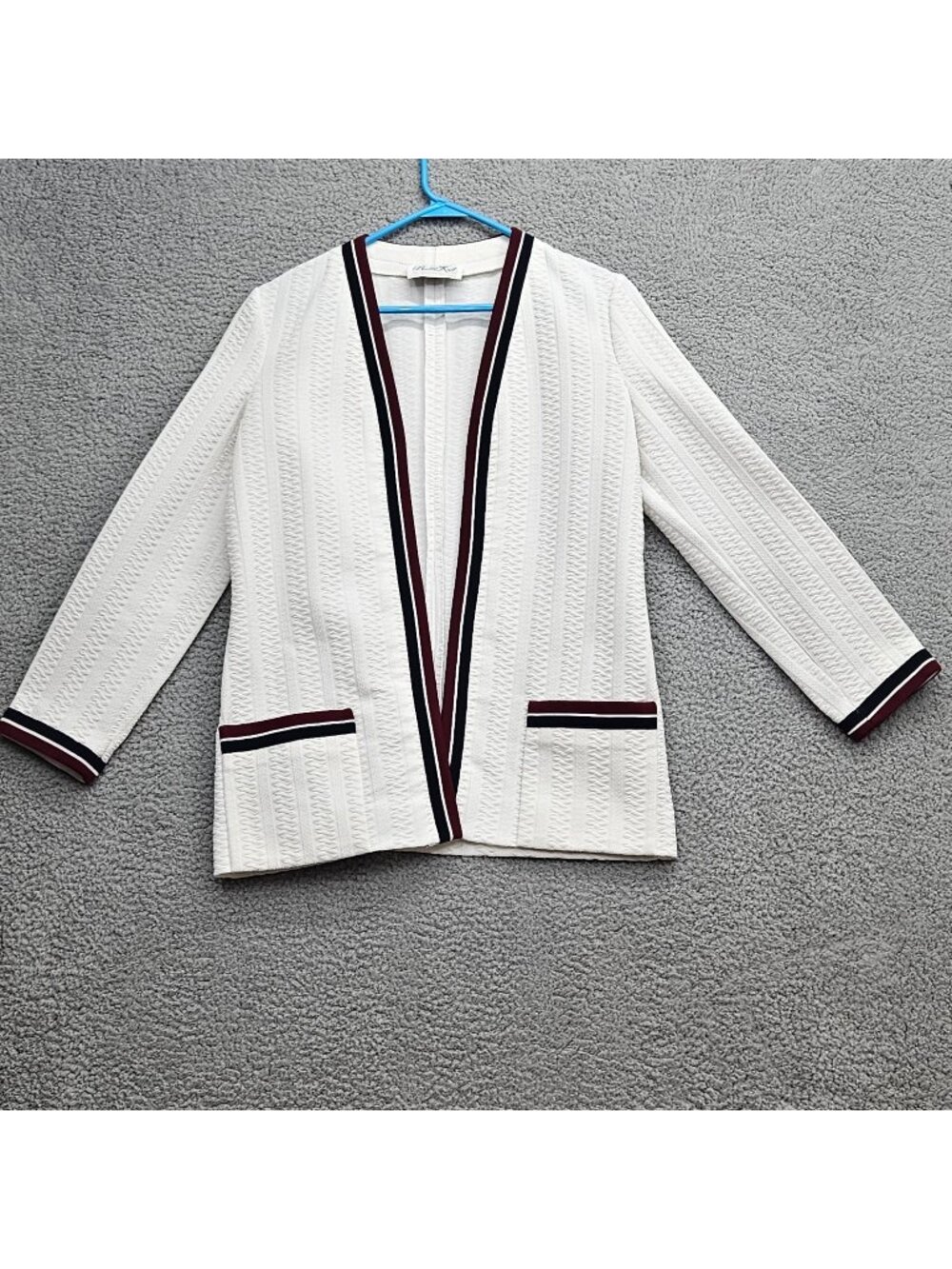 Butte Knit Womens White Textured Open Front Blazer Burgundy Navy Trim Size M
